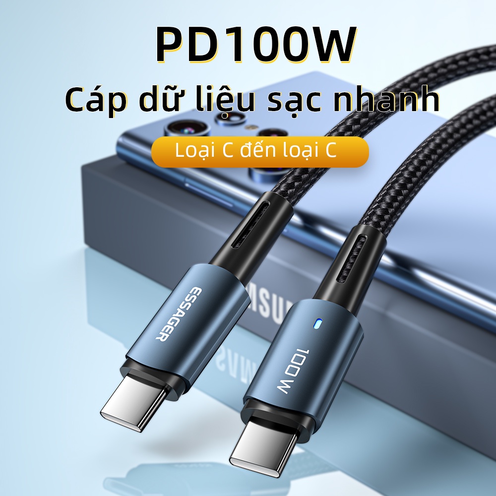 Cáp sạc nhanh ESSAGER PD 100w/ 60W 5A type C hỗ trợ AFC QC4.0 3.0 Cho MBk pro Samsung