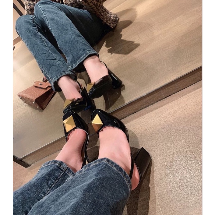 Sandal cao gót da bóng mũi kim loại quai cài qccc fullbox