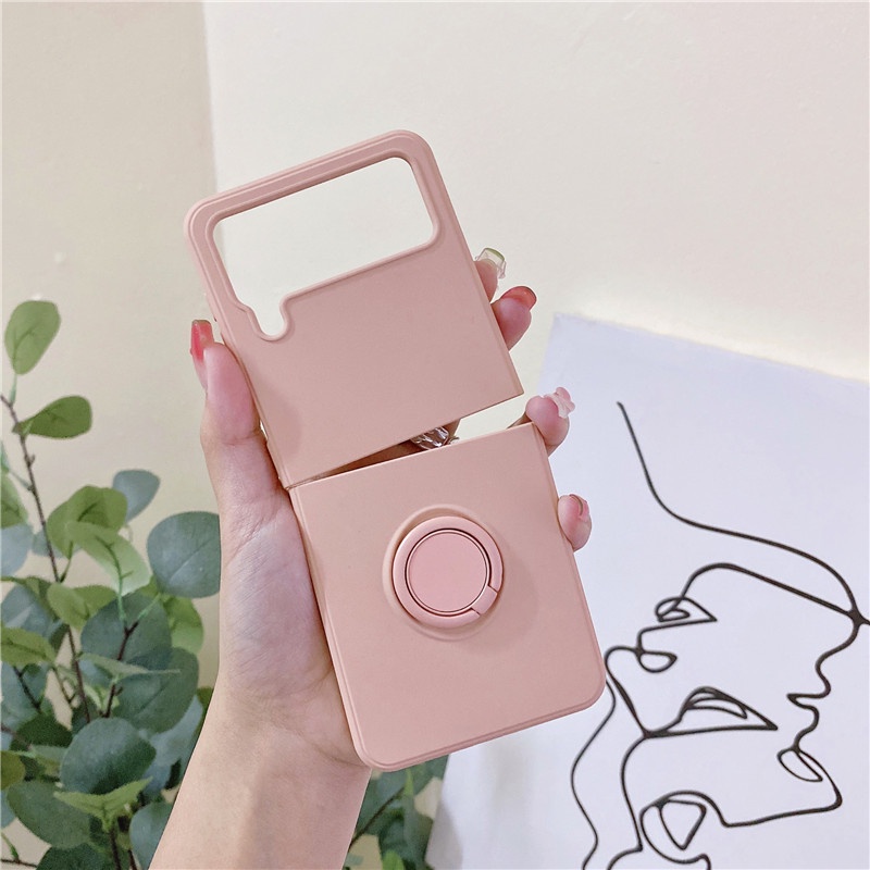 Ốp Điện Thoại Silicone Mỏng Màu Trơn Có Giá Đỡ Dạng Vòng Tròn Cho Z Flip 3 5G Z Flip4