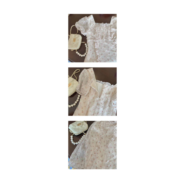 Peach White Tea Pure For Girls wood ear chiffon floral dress little short paragraph spring and summer