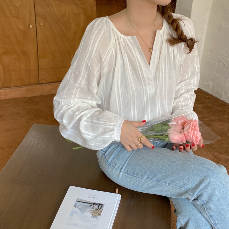 SUXI Áo Sơ Mi Tay Dài Cổ V Màu Sắc Đơn Giản Dễ Phối Đồ Cho Nữ