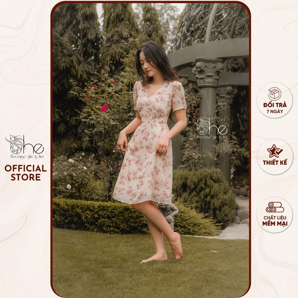 Váy nữ hoa voan đẹp She, đầm váy cổ tim 3 nút dáng A thời trang nữ SDX116