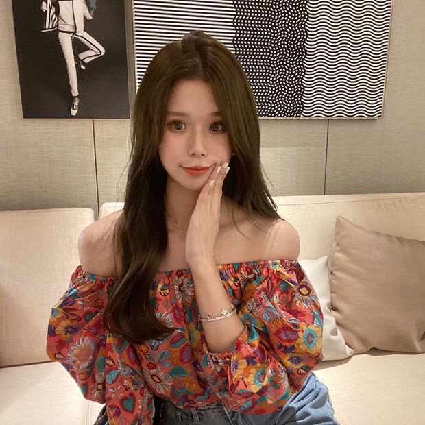 Áo Trễ Vai Tay Phồng Họa Tiết Hoa Hướng Dương Thời Trang Phong Cách Hàn Quốc Mới Cho Nữ