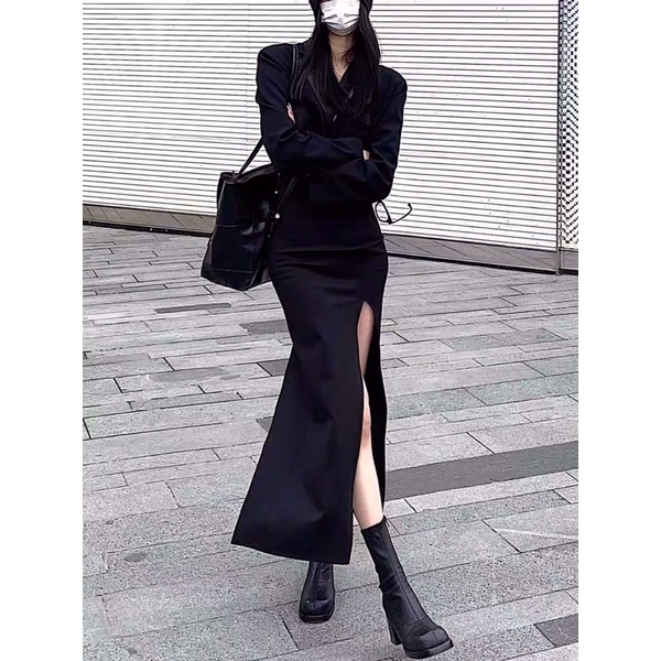 Chân Váy Bút Chì  Đen Cạp Cao Dáng Dài Phong Cách Dark Wear Tabao.