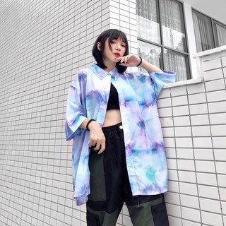 Áo sơ mi loang hoạ tiết vân mây xanh tím unisex form rộng đủ màu nam nữ - Áo sơ mi hoạ tiết cổ bẻ