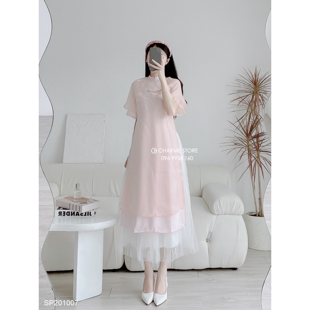 Set áo dài nữ đính hoa tay cách điệu thiết kế Charme 201007