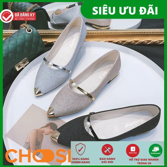 Giày Nữ Búp Bê Choose Gót Vuông Kim Tuyến Mũi Nhọn Thời Trang G1501