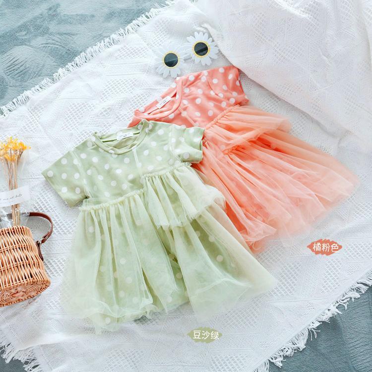 Đầm Tay Ngắn Phối Lưới Chấm Bi Thời Trang Mùa Hè Mới Cho Bé Gái