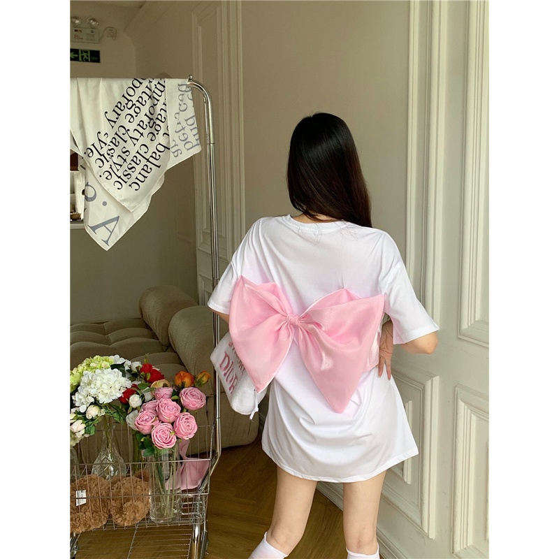 Áo Thun Tay Ngắn Dáng Rộng Phối Nơ Sau Lưng Thời Trang Mùa Hè Dành Cho Nữ