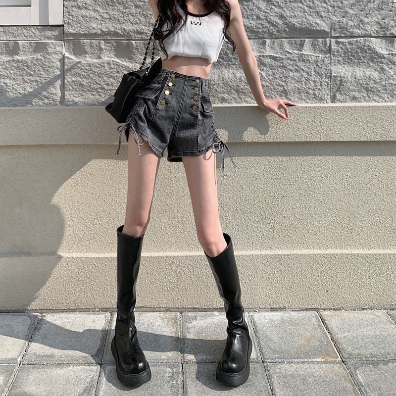 Jiashucheng Quần Short Denim Eo Cao Co Giãn Phối Dây Rút Phong Cách Mới Mùa Hè Cho Nữ