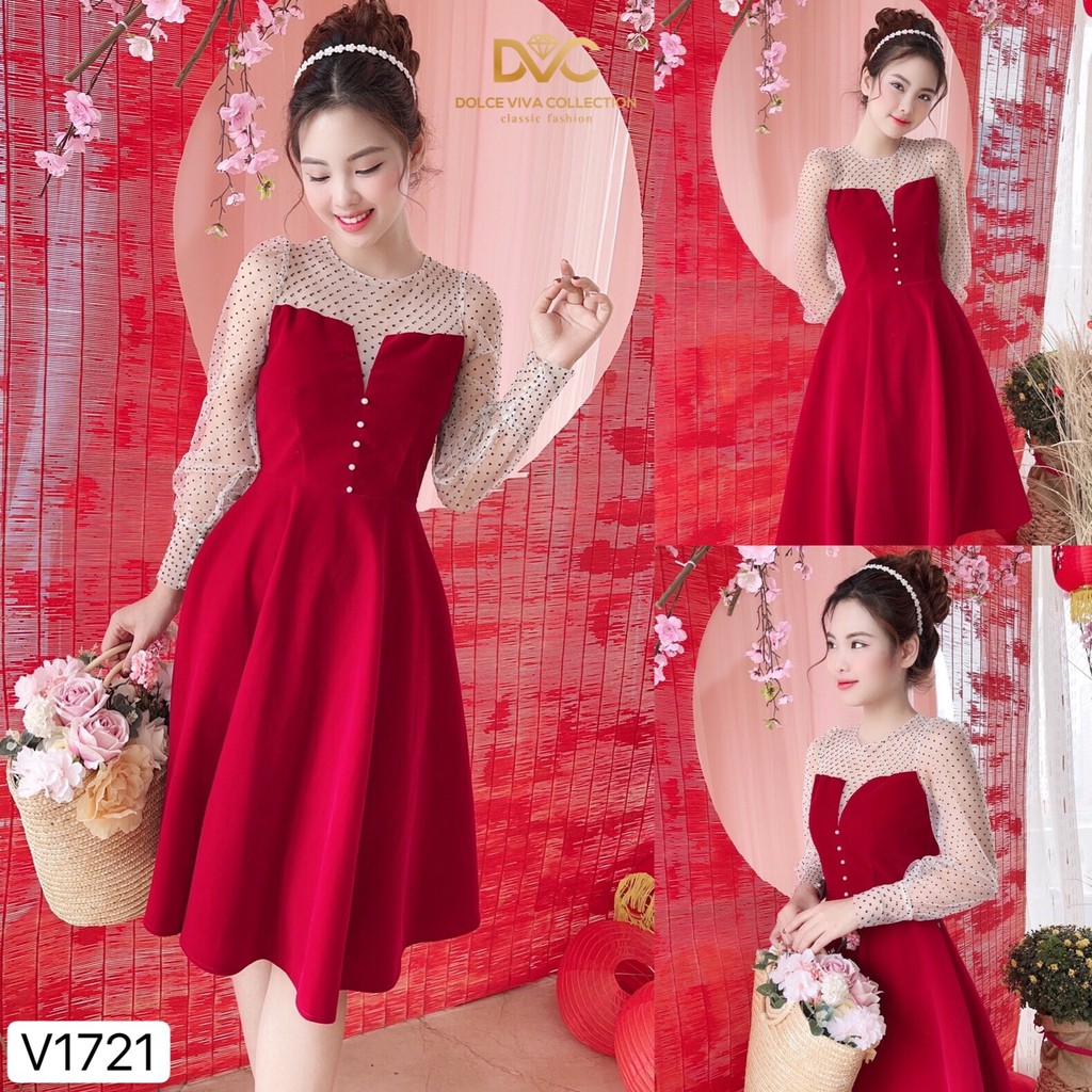 Váy nhung đỏ tay phối ren V1721 - DVC Dolce Viva Colection Authentic ( Ảnh mẫu và ảnh trải sàn do shop tự chụp )