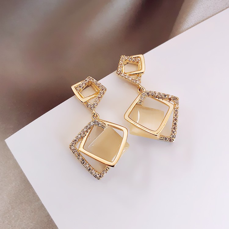 Bông tai nữ mạ bạc 925 phong cách hàn quốc giá rẻ, khuyên tai hình opal vuông xinh xắn BS004