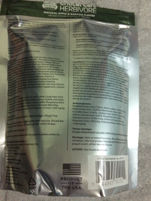 Bột Dinh Dưỡng Oxbow Critical Care - Herbivore - 141 gr  Dành cho các bé như Bọ ú, Thỏ và Chinchilla