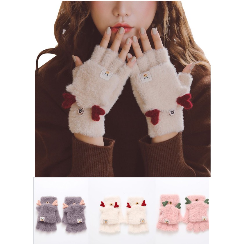 Găng Tay Len Hở Ngón Có Đầu Bịt Đính Sừng Hươu Thời Trang Hàn Quốc Xinh Xắn