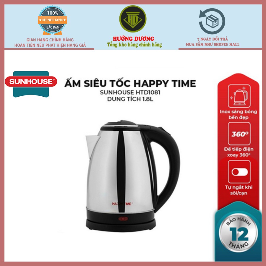 Ấm siêu tốc Inox 1.8L Sunhouse Happy Time HTD1081 (mã mới HTD1088) Bảo hành 12 tháng