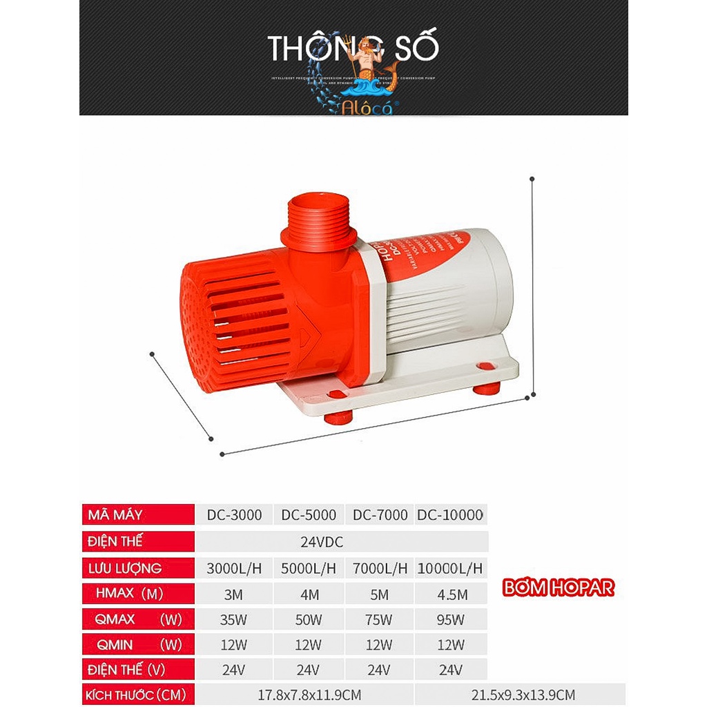 Máy bơm bể cá điện 1 chiều 24V Hopar DC 5000L - DC 7000L -  DC 10000L -  DC 12000L -  DC  15000L -  DC 18000L-DC 20000L