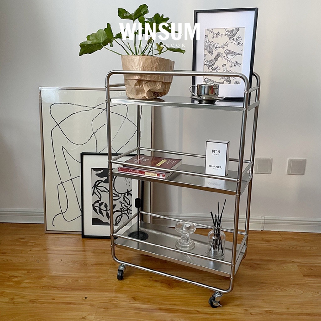 Kệ khung thép 3 tầng để đồ decor phong cách Trung cổ, có bánh xe di chuyển - winsum