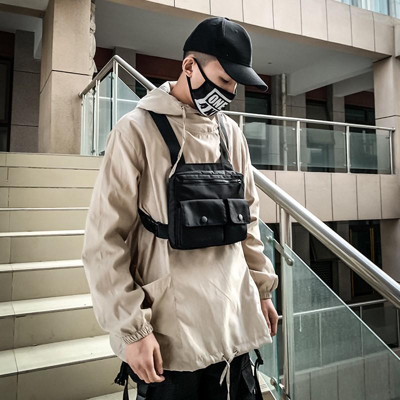 Túi Đeo Trước Ngực Bằng Nylon Màu Đen Phong Cách Hip Hop Đường Phố Cho Nam