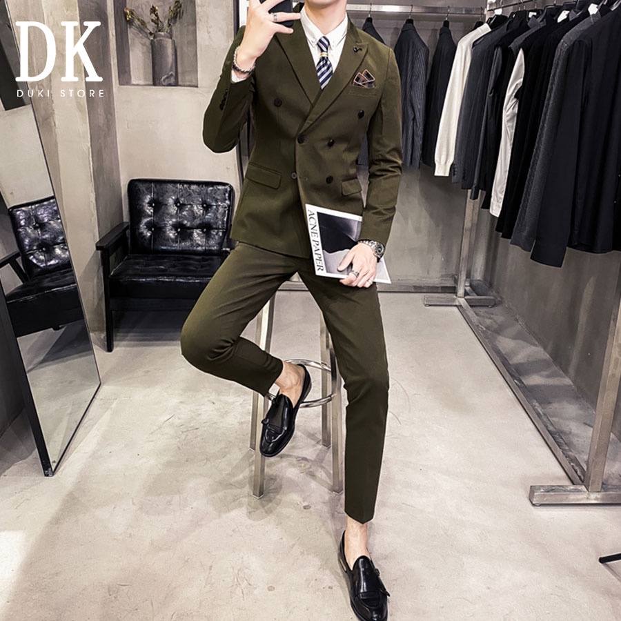 [SALE 50%] Bộ vest nam 6 nút Hàn Quốc màu xanh rêu cực chất - DUKI STORE