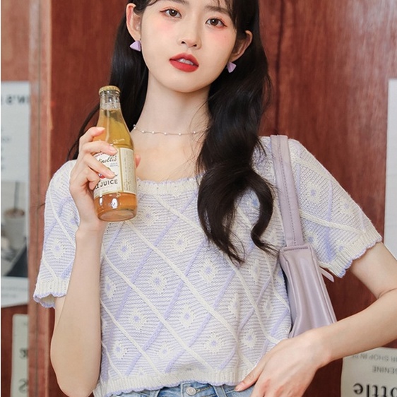 【ZHELIHANGFEI】Áo Thun Dệt Kim Ngắn Tay Form Rộng Thời Trang