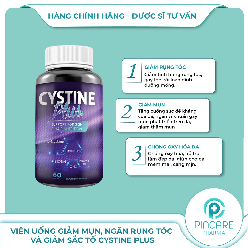 Cystine Plus-Viên uống giảm mụn, ngăn rụng tóc và giảm sắc tố Supplement Fact Cystine Plus  - Nhà Thuốc PinCare