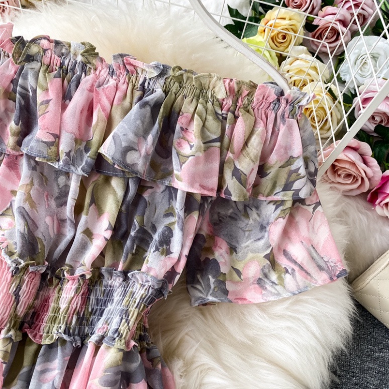 Váy hoa nhí trễ vai Váy hoa nhí trễ vai LUHAZO  maxi đi biển bèo dáng dài trắng chun eo xoè kiểu Hàn Quốc LUHAZO DK7T102