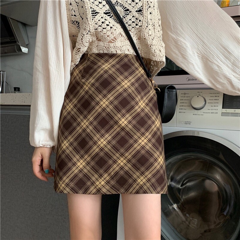 Chân váy kẻ vintage dáng ngắn hàng thu đông