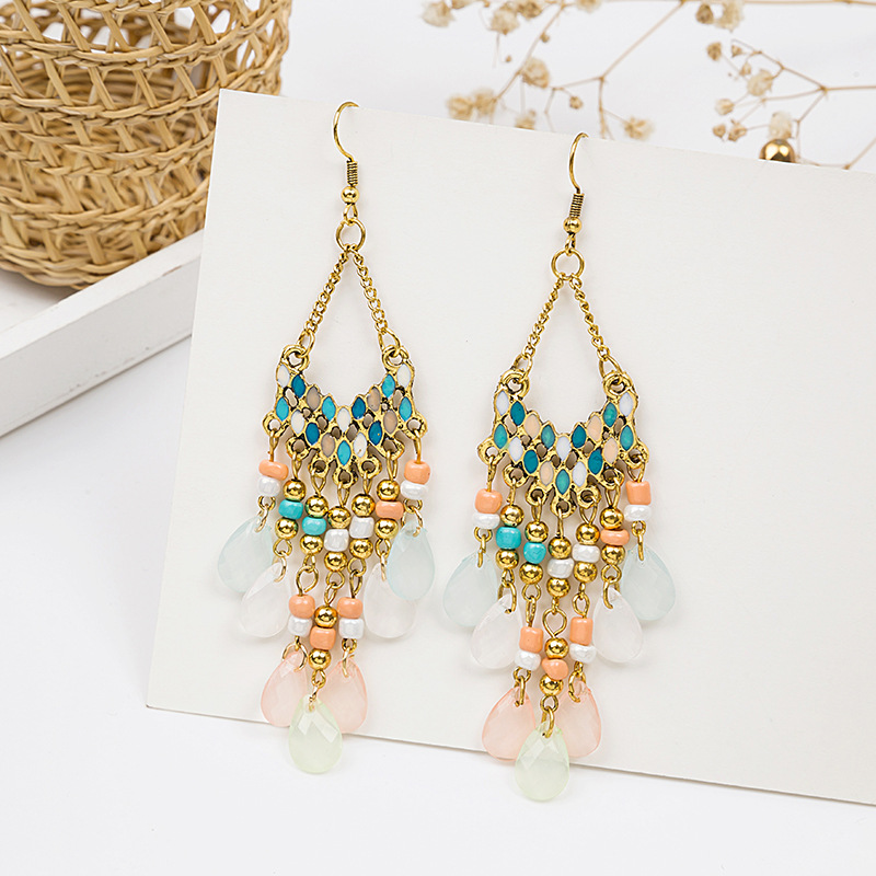 Fashion rice fan shaped contrast color drop geometric tassel earrings semicircle European and American ethnic Bohemian style long chain earrings