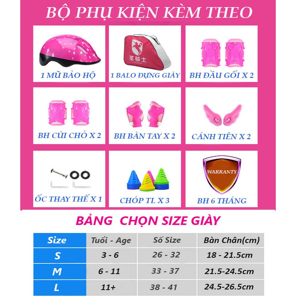 Giày patin trẻ em cao cấp bánh xe PU êm mượt full 8 bánh đèn led -Tặng balo đựng giày, đồ bảo hộ 7 món và phụ kiện chơi