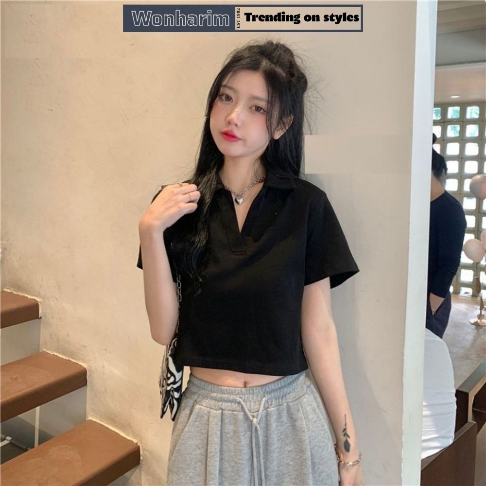 Áo thun croptop cổ bẻ trơn nhiều màu 🌸🌸Áo croptop ngắn cho nữ cá tính hottrend giá rẻ 21240
