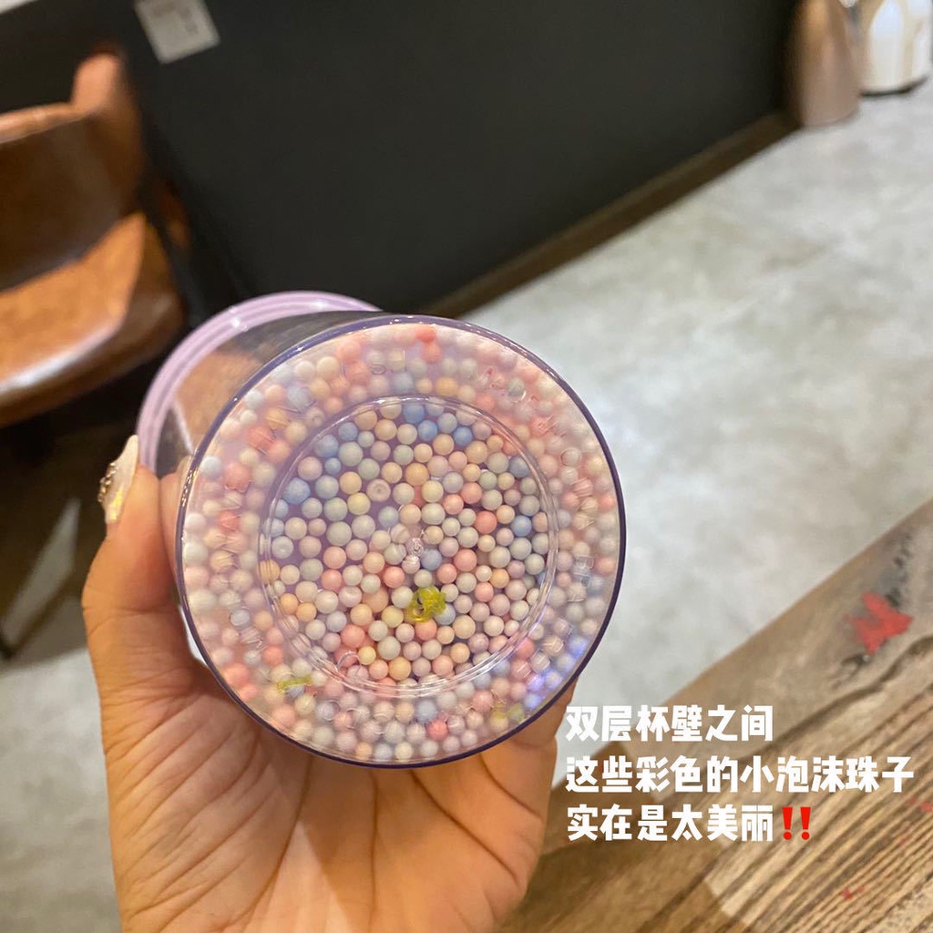 Cốc Nhựa Uống Nước Starbucks Màu Cầu Vồng Họa Tiết Hoạt Hình Hai Lớp Ống Hút 600ml