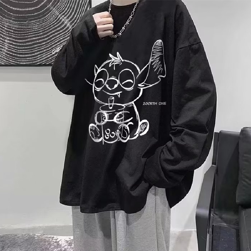 Áo Thun Tay Dài Cổ Tròn Dáng Rộng In Họa Tiết Hoạt Hình Phong Cách Hip Hop Nhật Bản Thời Trang Cho Nam size M-5XL