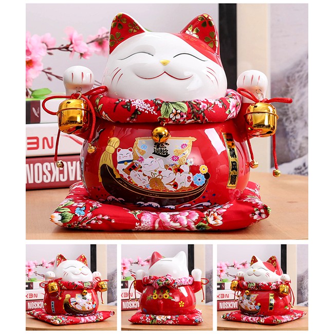 Mèo thần tài Đa Phú Quý màu đỏ 25cm giơ 2 tay chuông vàng tài lộc gốm sứ Maneki neko