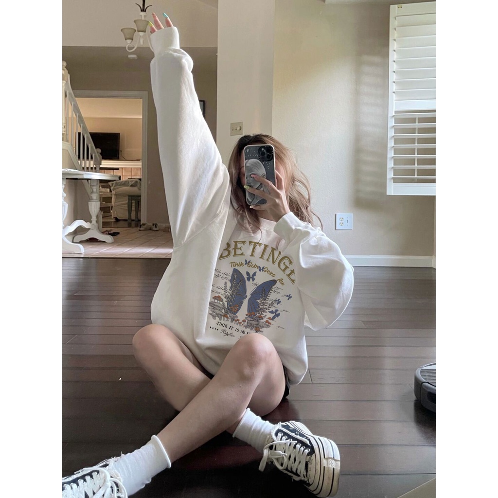 Áo sweater SELVZE cổ tròn dáng rộng cỡ lớn kiểu Mỹ cổ điển thời trang cá tính cho nữ