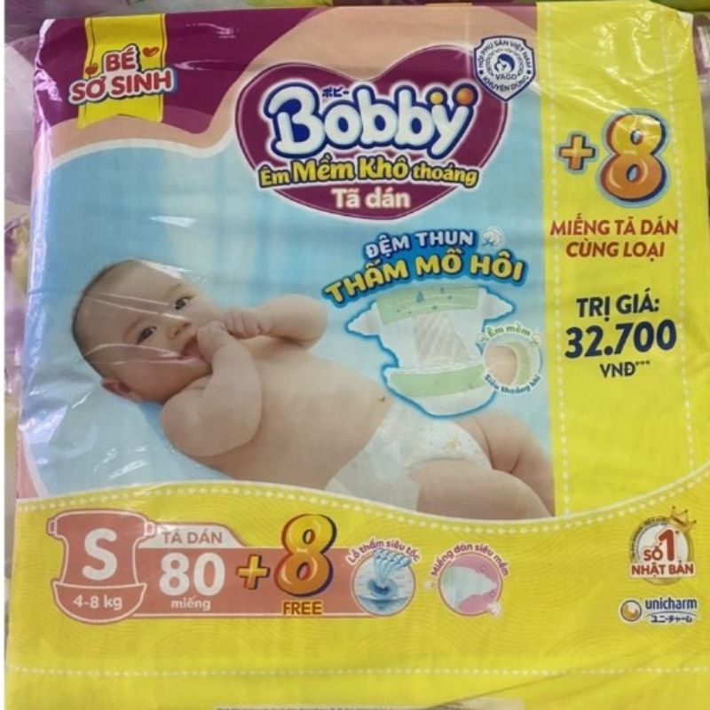 Tã dán Bobby size S80 miếng Mẫu Mới tặng thêm 2 miếng cùng loại