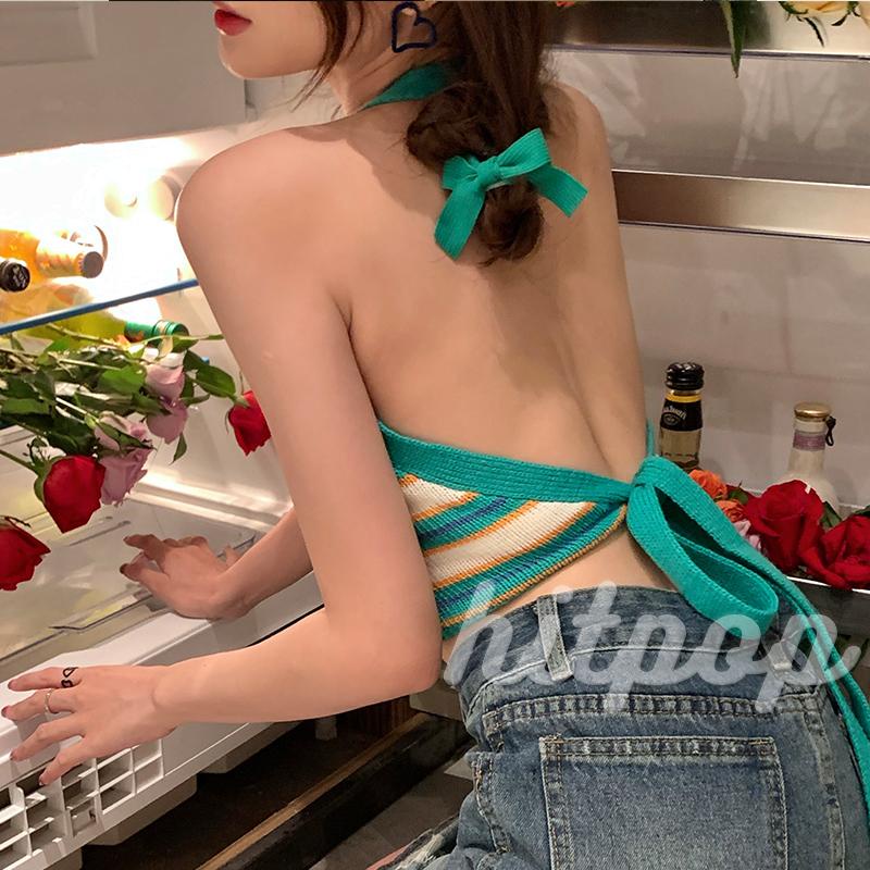 Áo croptop không tay cổ yếm hở lưng họa tiết sọc ngang màu xanh lá/xanh làm thời trang cho nữ