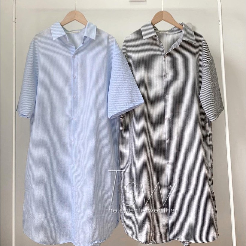 Đầm/Váy sơ mi kẻ sọc dáng dài chất xốp