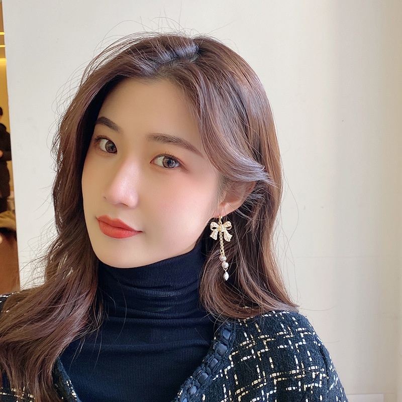 XiaoboACC Đôi Khuyên Tai Dài Đính Nơ Và Ngọc Trai Thời Trang Cho Nữ S925