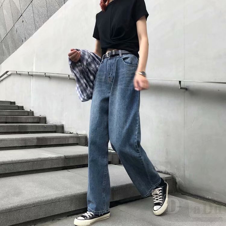Daduhey Quần Denim Lưng Cao Ống Rộng Phong Cách Retro Năng Động Dành Cho Nữ