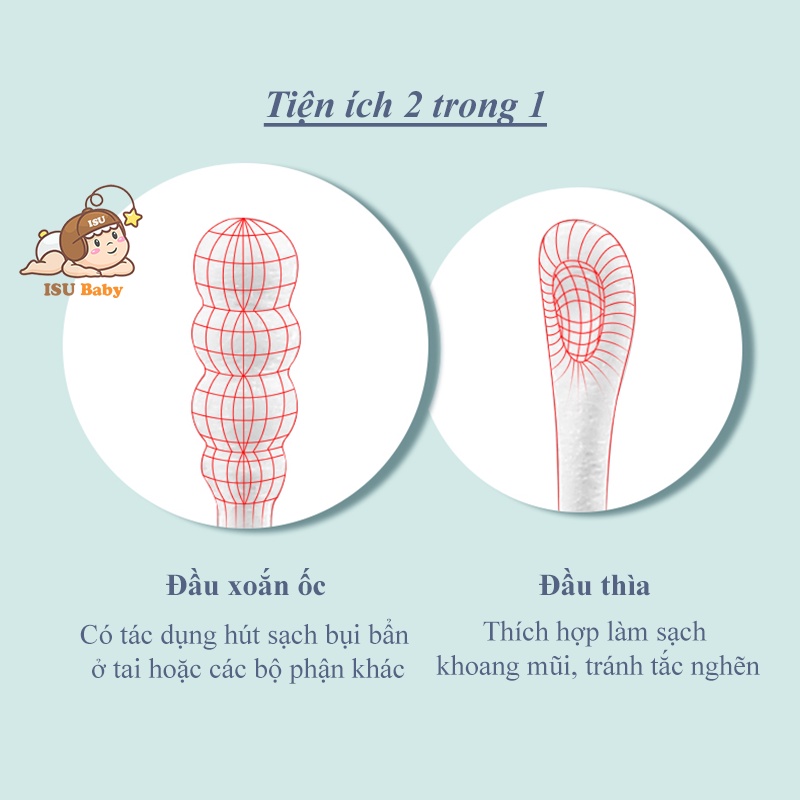 Bông tăm ngoáy tai, vệ sinh mũi cho trẻ sơ sinh 2 đầu tiện lợi Misuta hộp 400 que hoàn toàn từ bông xơ tự nhiên