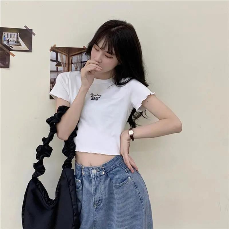 Áo Thun Croptop Ngắn Tay Cổ Tròn Thêu Họa Tiết Bướm Dễ Thương Thời Trang Mùa Hè Cho Nữ