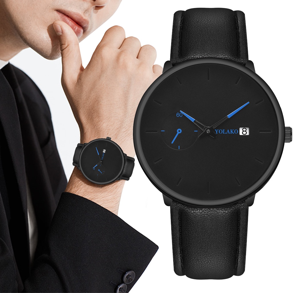 Men Blue Pointer Quartz Watch Luxury Leather Strap Sport Date Wristwatches