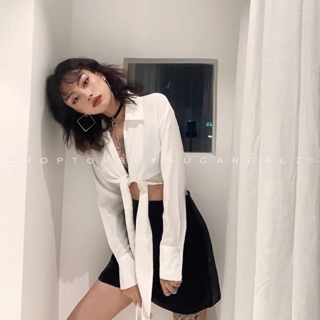 Áo croptop sơ mi vạt chéo thắt lưng eo tay dài - by SugarG