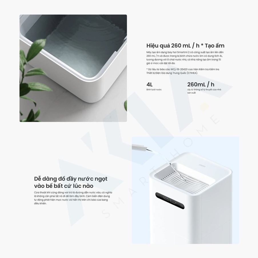 Máy Tạo Độ Ẩm Smartmi Gen 2 có màn hình LCD - Điều khiển bằng app Xiaomi Mi Home, Ngăn vi khuẩn, Khay nước 4 Lít