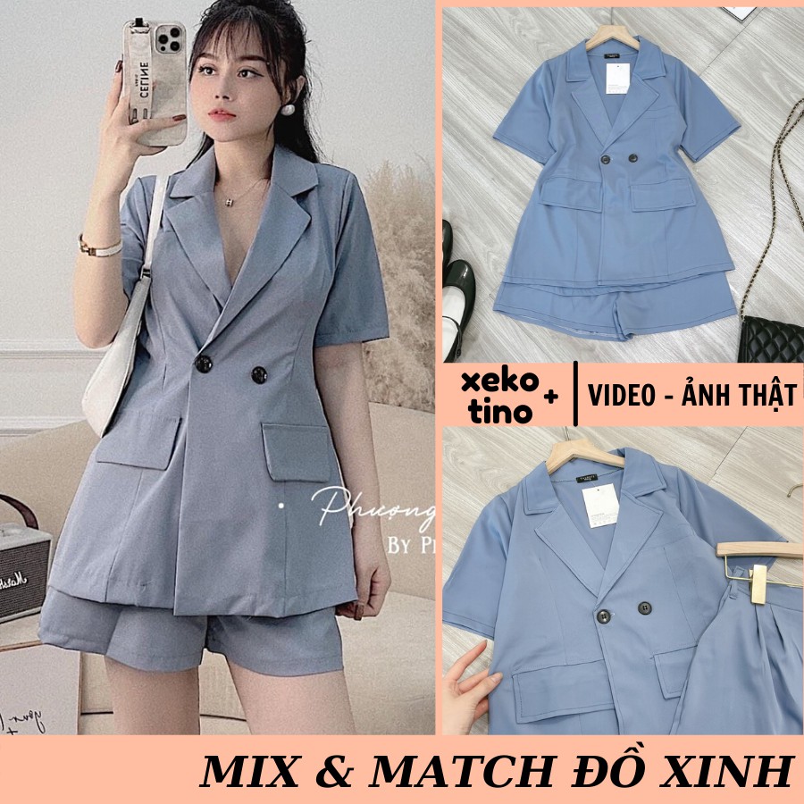 Set đồ nữ áo vest xanh, quần đùi chất tuyết mưa siêu xinh, form chuẩn hàng loại đẹp (ảnh video thật) - Mã XK-S-06