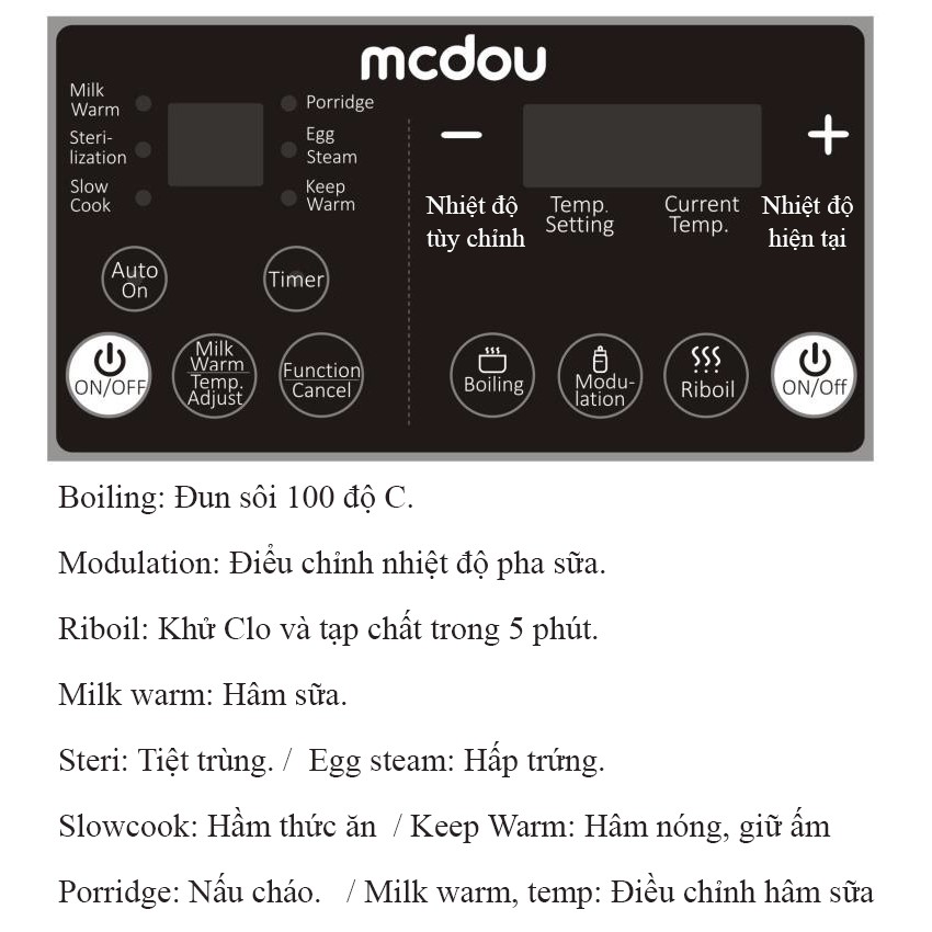 Bình đun nước pha sữa khử CLO, điều chỉnh nhiệt kèm nồi hầm cháo bằng sứ đa năng Mcdou 8in1