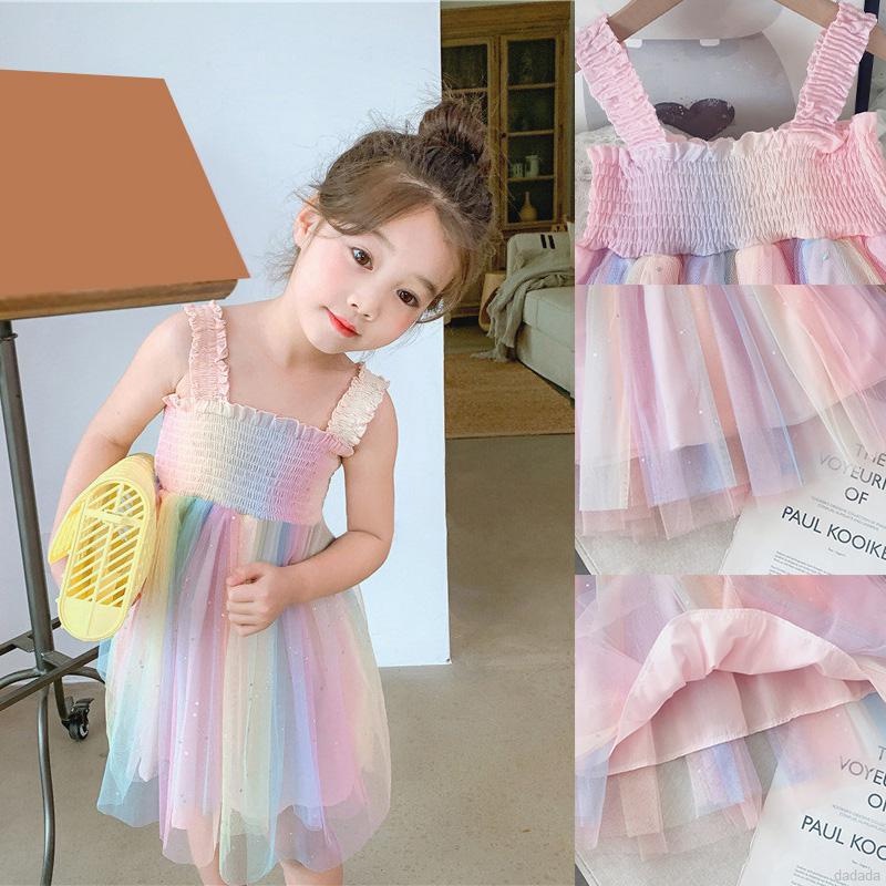 Đầm công chúa ren hai dây cầu vồng xinh xắn cho bé gái