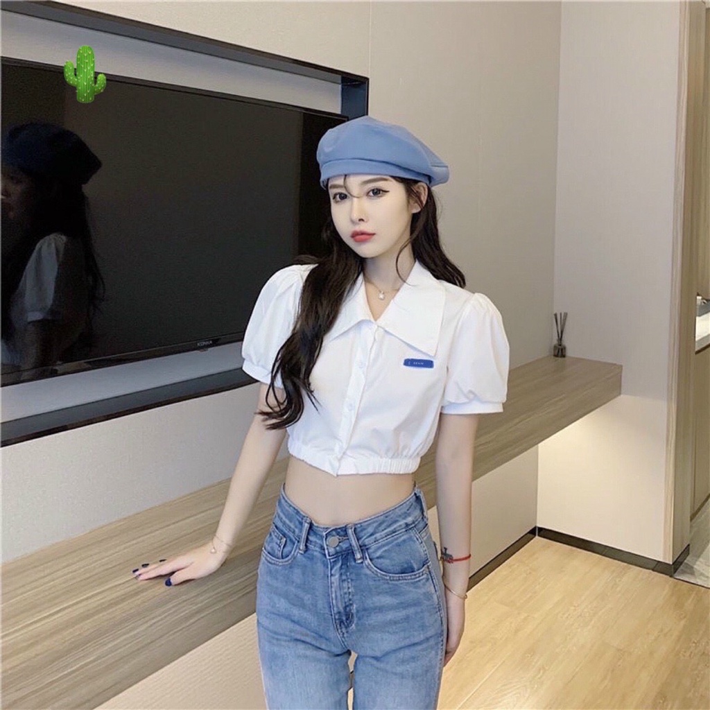áo sơ mi croptop thêu logo xinh mềm mịn o