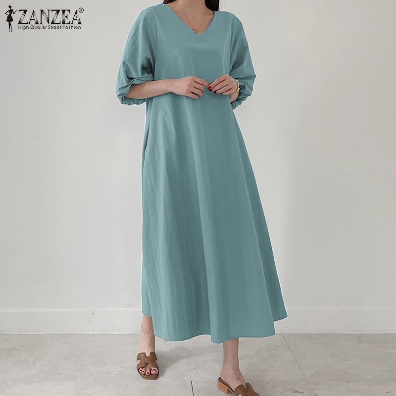 Đầm maxi ZANZEA tay lửng cổ chữ V thời trang Hàn Quốc dành cho bạn nữ