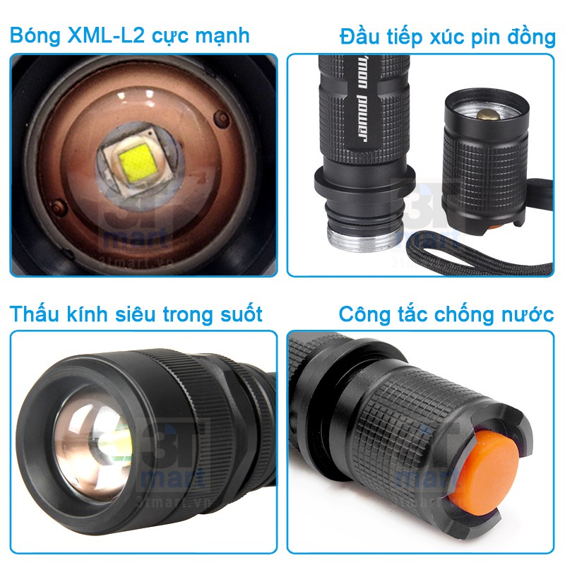 Bộ 1 đèn pin siêu sáng C'mon Power RANGER XML-L2 LED 10W chiếu xa 500m + 1 pin 18650 + 1 sạc USB (VÀNG)